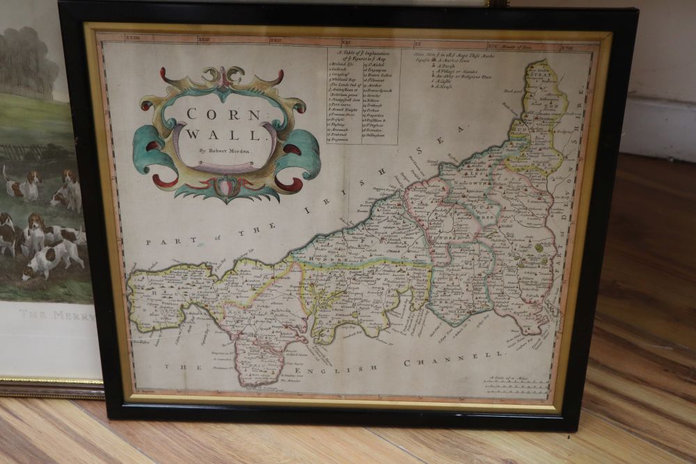 A Robert Morden map of Cornwall and a sporting print